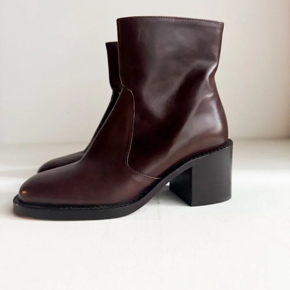 L' Intervalle Brown Leather Block Heel Booties NEW 36 - Picture 3 of 5